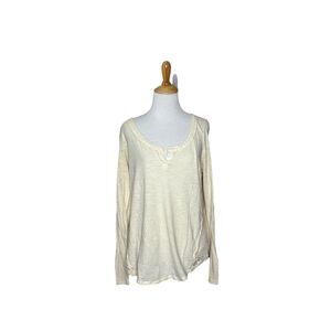 Free People Patches of Lace Henley  Crochet Back Shirt Ivory Long Sleeve M